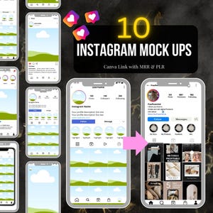 Könnte beinhalten: Ein Bild mit 10 Instagram-Mockups auf Smartphones. Der Text auf dem Bild lautet "10 INSTAGRAM MOCK UPS" mit einem Canva-Link. Die Mockups zeigen Profilseiten mit Profilbeschreibungen und Highlight-Reels. Das Bild enthält Herz-Icons.