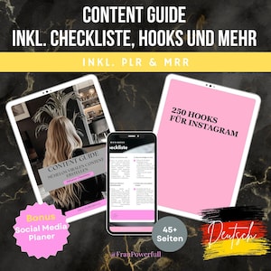 Könnte beinhalten: Ein rosa digitales Tablet mit dem Text "250 HOOKS FÜR INSTAGRAM" und "45+ Seiten" in schwarzer Schrift. Ein zweites digitales Tablet zeigt eine Checkliste mit dem Text "BUSINESS Checkliste" in einem weißen Kasten. Ein drittes digitales Tablet zeigt eine Checkliste mit dem Text "CONTENT GUIDE MÜHELOS VIRALEN CONTENT ERSTELLEN" in einem weißen Kasten. Ein rosa Kreis mit dem Text "Bonus Social Media Planner" befindet sich in der linken unteren Ecke. Der Text "Deutsch" befindet sich in einem gelben, roten und schwarzen Kreis in der rechten unteren Ecke.