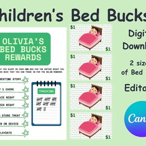 Può includere: Un grafico stampabile per un sistema di ricompense per la buonanotte per bambini chiamato "Olivia's Bed Bucks Rewards". Il grafico elenca le ricompense per guadagnare bed bucks, come una storia extra per la buonanotte, saltare un compito, una serata al cinema, una serata pizza, un dolcetto dal negozio di un dollaro, 30 minuti di tempo sullo schermo e un appuntamento per giocare. Il grafico include anche una sezione di tracciamento per registrare i bed bucks guadagnati.