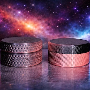 May include: Two cylindrical objects with textured surfaces. One is stacked with two pieces, the other is a single piece. The objects have a dark top and a copper-colored bottom. The background is a colorful galaxy.