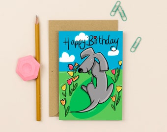 Happy Birthday Dog and Flowers Card | Hand Illustrated Greetings Card | Perfect for Birthdays | Unique Design | High-Quality Printing