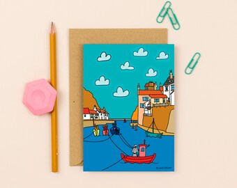 Staithes Over the Bay Card | Illustrated by Sarah Westwood | Birthday & Blank Greeting Card | Coastal Art | Handmade Illustration | Dog Card