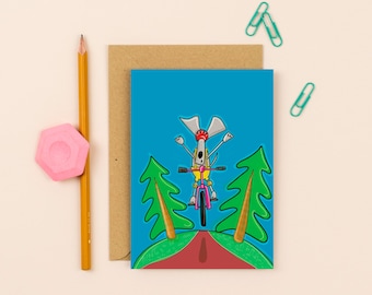 Mountain Biking Dog Card | Unique Greetings Card | Hand-Illustrated Design | Perfect Gift for Adventure Enthusiasts | Weimaraner Card