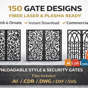 Könnte beinhalten: Werbung für 150 Tor-Designs, Faserlaser- und Plasma-Ready. Das Bild zeigt drei schwarze Metalltor-Designs mit verzierten Mustern. Der Text enthält "Stilvoll & Verziert", "Sofort-Download" und "Kommerzielle Nutzung". Das digitale Dateipaket enthält .AI, .CDR, .DWG, .DXF und .SVG-Dateien.