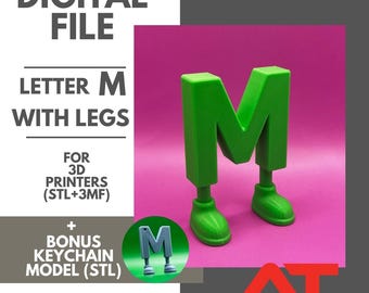 Litera M z nogami – znak alfabetu do druku 3D – plik do pobrania w formacie STL/3MF (FDM)