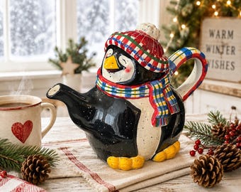 Julie Ueland Penguin Teapot Winter Plaid Scarf Hat Ceramic Tea Pot Midwest Cannon Falls