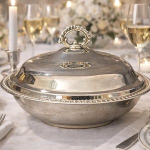 Może przedstawiać: Srebrna patera do serwowania z pokrywką, uchwytem i ozdobnym wykończeniem stoi na białym obrusie. Kieliszki do wina, świece i talerze z kwiatowymi wzorami również znajdują się na stole, tworząc elegancką jadalnię.