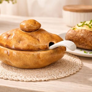 Service à crème sure et pommes de terre au four en céramique avec couvercle et cuillère - Décoration de cuisine rétro