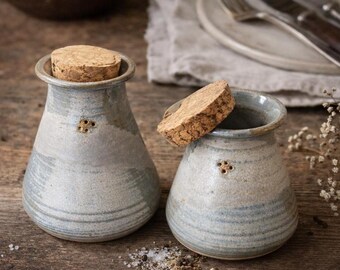 Handmade Studio Pottery Salt & Pepper Shakers - Rustic Stoneware, Wheel Thrown, Blue Gray Glaze, Signed Artisan Set