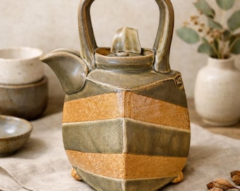 Nicholas Seidner Studio Pottery Teapot 9" | Signed NS Stoneware | Sculptural Organic Modern Ceramic | Olive & Sand Striped Art Pottery