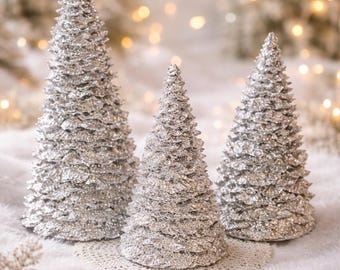 Vintage Silver Glitter Christmas Tree Set | Timeless Treasures Holiday Decor | 3 Resin Trees with Boxes | 1990s Mantel Display