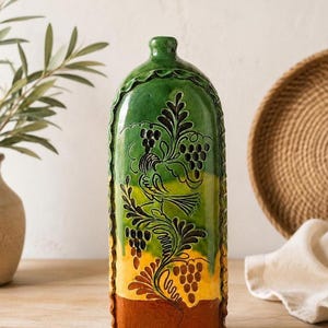 Vintage Hungarian Folk Art Pottery Wine Flask Vase – Hand Inscribed Ceramic Bottle – Rustic European Vineyard Decor – Dated 1979