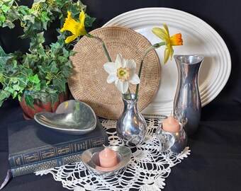 Vintage Nambe Collection with Variations, Mid Century Modern Metal Decor, Bud Vase, Heart Dish, Candle Holder, Sculptural Nambe Aluminum
