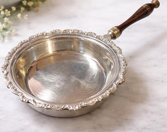 Vintage Poole Silver Co. Old English Silverplate Pan #5030 - Ornate Floral Rim Serving Dish with Wood Handle, MCM Chafing Dish