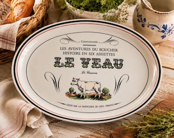 Vintage Gien France Gastronomie Le Veau Le Gascon Faience Serving Platter 12” | Hand Painted French Country Decor | Marie-Pierre Boitard