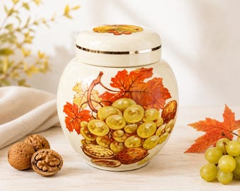 Tarro de cerámica vintage Sadler England Harvest con tapa / Uvas y frutas de otoño / Decoración de cocina estilo casa de campo inglesa