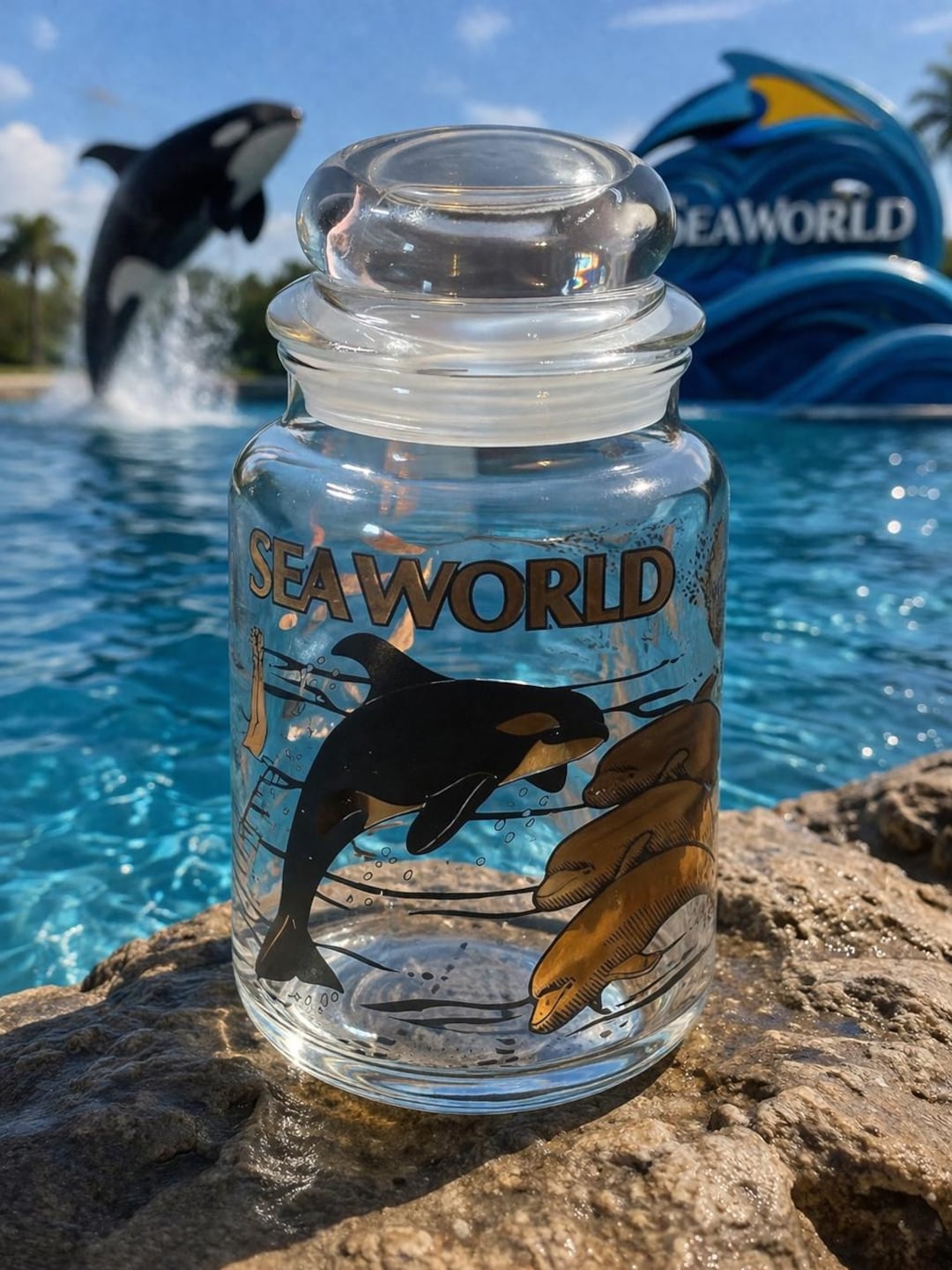 Vintage 1977 Seaworld Glass Jar With Lid Retro Orca Killer Whale vintage-1977-seaworld-glass-jar-with-lid-retro-orca-killer-whale