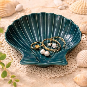 Vintage Hall Pottery Shell Dish #229 - Teal Blue Ceramic Ashtray or Trinket Dish - MCM Coastal Decor USA 1960s
