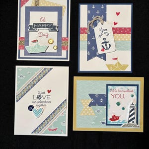 Set mit 4 handgefertigten Karten zum Thema Liebe / Maritim. Fröhlicher Tag, Liebe, Mein Anker, Verloren ohne Dich! Geburtstag, Jahrestag, Valentinstag, Alltag