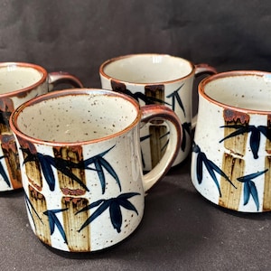 Set of 4 Otagiri Style Mugs | Speckled Stoneware Bamboo Blue and Brown | Japan Mid Century Modern Dining |  1970&#39;s Tea or Coffee 10 oz Cup