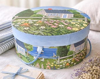 Claire Murray Cottage Hat Box Coastal Storage Box Nantucket Style Floral Cottagecore Decor Blue Rope Handle Round Keepsake Box