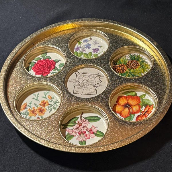 Vintage Souvenir Kitsch Metal Drink Tray | 1970's Barware Yellowstone National Park Map and Flowers | 11" Holds 6 Glasses for Serving