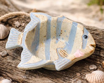 Handmade Chamberlain Pottery Fish Dish - Blue Striped Stoneware Bowl - Coastal Nautical Decor - Artisan Ceramic Trinket Dish