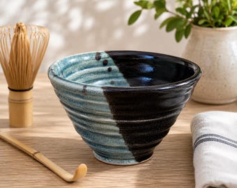 Vintage Studio Pottery Matcha Tea Bowl Blue Black Wheel Thrown Ceramic Chawan Style Artisan Bowl 8 oz Handmade Cup
