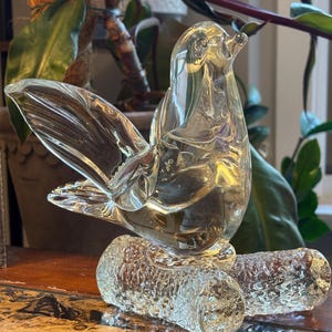 Vintage Clear Murano Style Bird on a Branch | Handblown Dove Figurine Art Glass