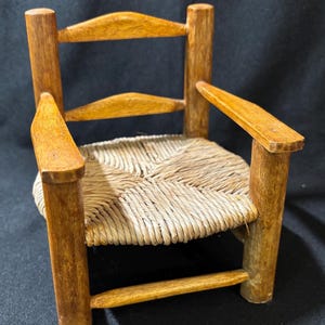 Miniature Doll Chair Wood and Wicker | Vintage Doll Furniture from the 1960&#39;s | Primitive Country Cottagecore Style | 7 in x 5 in size