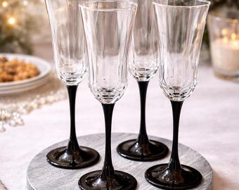 Luminarc Octime France Cristal Black Stem Flutes Champagne Glasses 8.5" set of 4