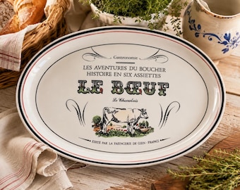 Vintage Gien France Gastronomie Le Boeuf Le Charolais Faience Serving Platter 12” | Hand Painted French Country Decor | Marie-Pierre Boitard