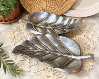 Signed Bruce Fox Double Leaf Cast Aluminum Serving Tray Vintage Mid Century Modern Organic Leaf Dish