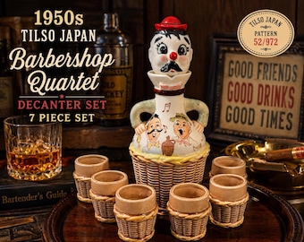 1950s Tilso Japan Barbershop Quartet Clown Decanter Set – Vintage 7 Pc Kitsch Pub Barware, Mid Century Man Cave Bar Cart Decor