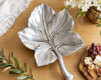 Signed Bruce Fox for Royal Hickman Cast Aluminum Fig Leaf Serving Tray 15” Mid Century Modern Sculptural Platter MCM Decor