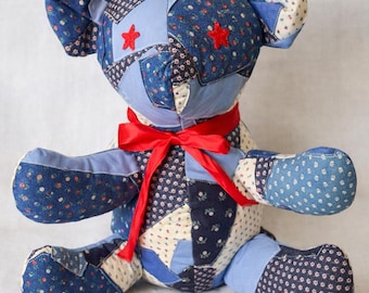 Vintage Handmade Patchwork Teddy Bear Americana Quilt Style Plush | Red White Blue Fabric Bear | Cottagecore Nursery Decor | Folk Art Toy
