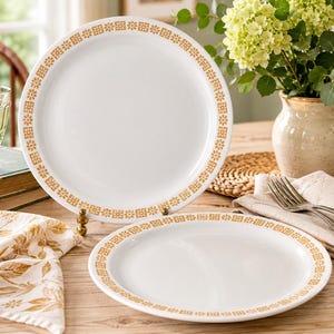 Vintage Shenango Gold Atomic Daisy China Dinner Plates – Set of 2 | 9.5” Restaurant Ware | Mid Century Tan Geometric Border | Made in USA