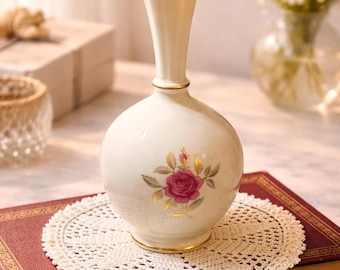 Lenox Rhodora Bud Vase - Ivory Porcelain Gold Trim Pink Rose Made in USA 8"