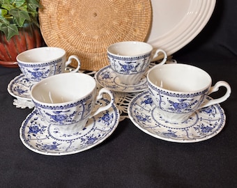 Johnson Bros Indies Cup and Saucer Set of 4 | Blue White Tea Cup | English Transferware | Vintage Tea Party | Replacement China