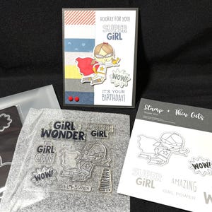 Schließen Sie meinem Herzen CTMH Super Girl Stempel und dünne Schnitte Die Set Z4163 NEU + handgefertigte Karte | Geburtstagskind Superheld | Erstaunliche Girl-Power