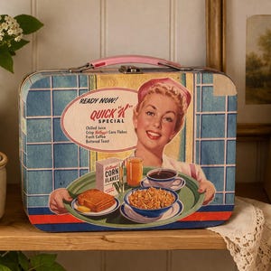 Puede incluir: Fiambrera de estilo vintage con un anuncio retro que presenta a una mujer sonriente sosteniendo una bandeja de desayuno. La fiambrera tiene un patrón de cuadros azules y blancos y un asa rosa. El texto en la fiambrera dice "Quick K Special".