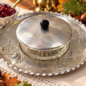 Vintage Wrought Farberware Covered Relish Dish Oak Acorn Aluminum Tray Glass Insert 1940s Serving Ware