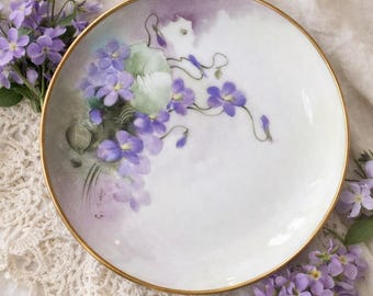 Vintage Ginori Italy Hand Painted Violet Plate - Artist Signed - Gold Rim Italian Porcelain Floral Wall Decor