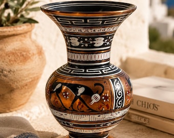 Vintage Decor Hellas Hand-Painted Copper Vase – Made in Greece – Greek Horse Motif – Mediterranean Decor – Classical Greek Vase
