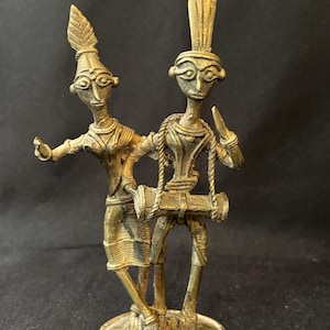Messing Dhokra Tribal Musiker Paar Statue | Vintage indische Metall Handwerk Figur Kunststück | Dekorative Wohnkultur mit Kulturgeschichte