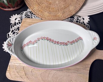 Vintage French Country Baking Dish 12x7, Floral Gratin Dish, Tradition CNP France, Pink Cottagecore Kitchen, Oval Ceramic Serving Dish