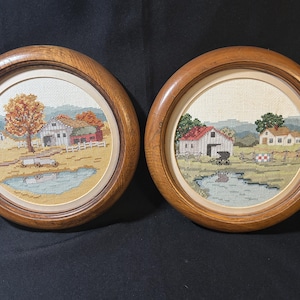 Vintage Needlepoint Framed Wall Art | Cross Stitch Embroidery Pair Round Wood Frame 9&quot; | Set of 2 Country Amish Scenes