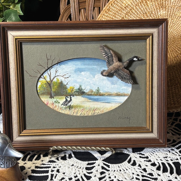 Arte murale vintage D. Wray Canada Goose / Dipinto di animali selvatici in 3D Shadowbox / Decorazione rustica per casa sul lago / Arte firmata Lodge degli anni '70