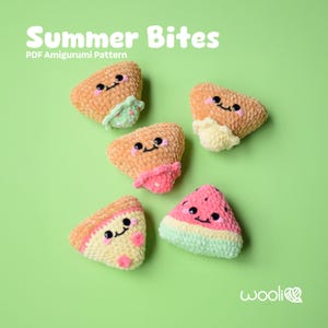 May include: A collection of crocheted amigurumi food items, including pizza slices and watermelon slices, with smiling faces. The text "Summer Bites" and "PDF Amigurumi Pattern" are displayed in white. The items are set against a green background.