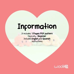 May include: A pink and peach crochet octopus pattern with the word "Information" in black. The text states the pattern includes 7 pages, is beginner-friendly, and includes English and Spanish instructions. The background is a heart shape on a pink background.